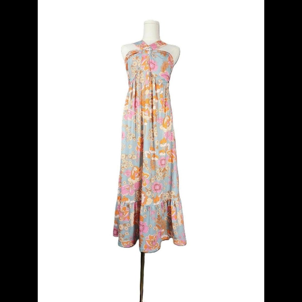 Grace Karin Floral Maxi Dress Halter Bow Front Boho 70s Print Blue Orange Small
